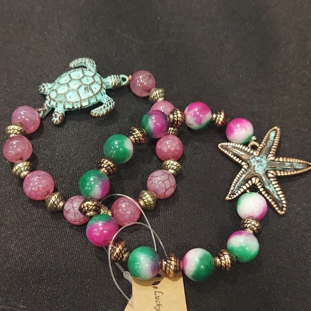 NWT Gemstone Bracelet Set with Turtle and Starfish Charms - Picture 1 of 6
